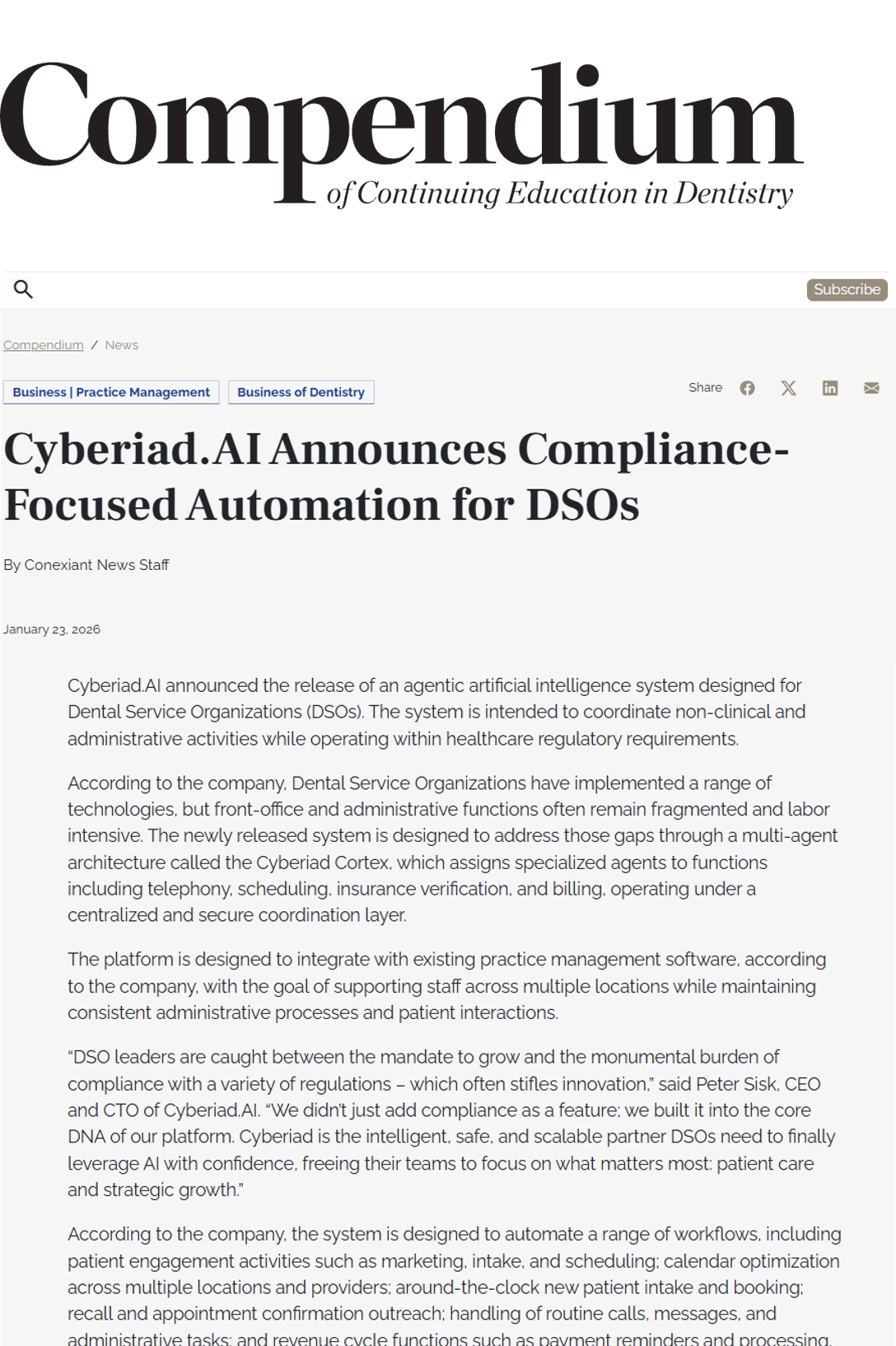 Compendium Continuing Education of Dentistry Pickup of Cyberiad Launch-1