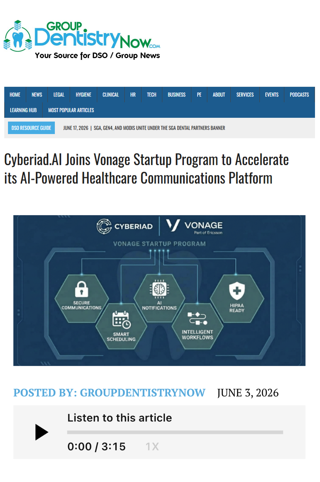 Group Dentistry Now Pickup of Cyberiad and Vonage Partnership