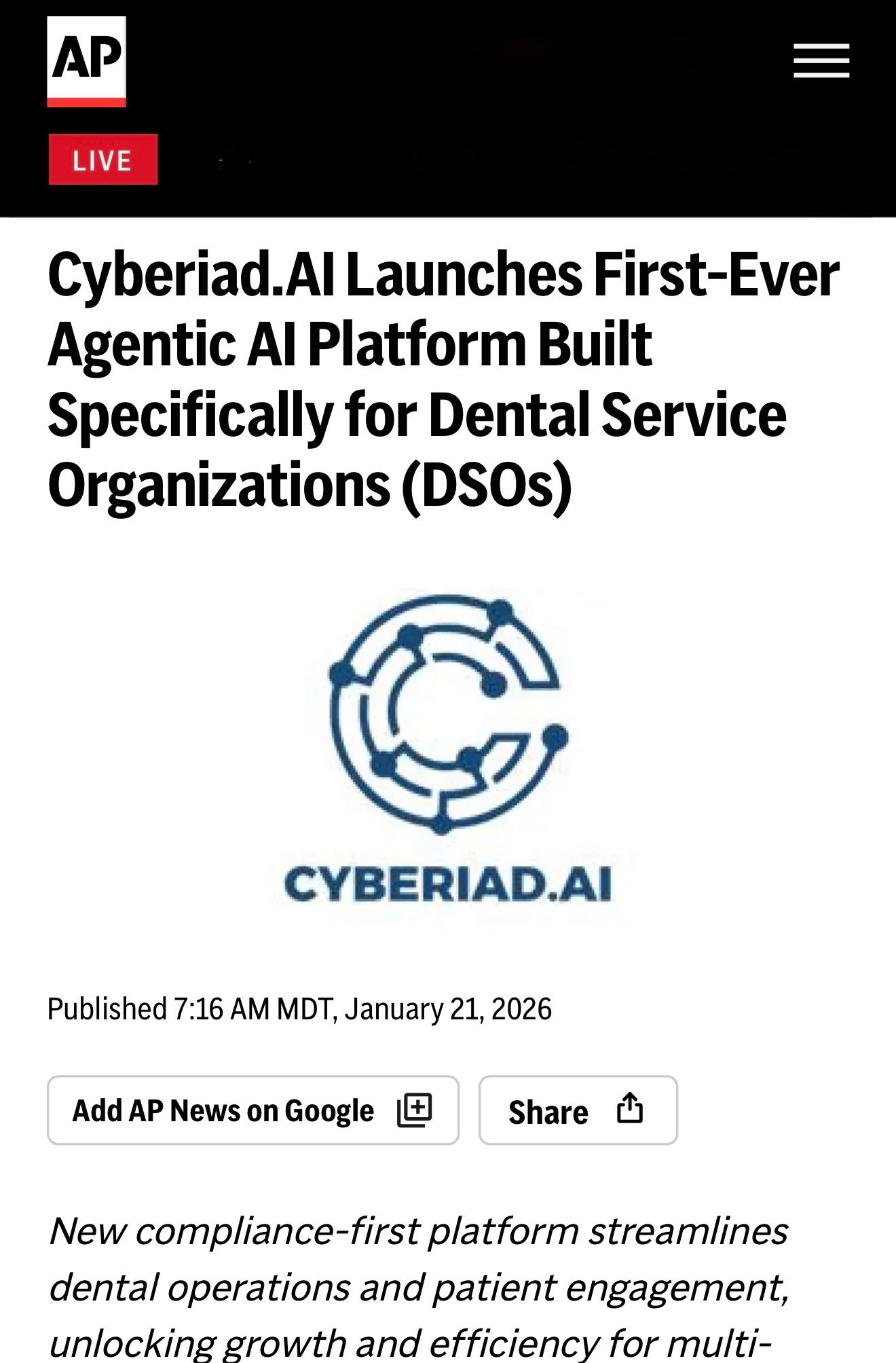 Associated Press coverage of Cyberiad AI agentic platform launch for DSOs