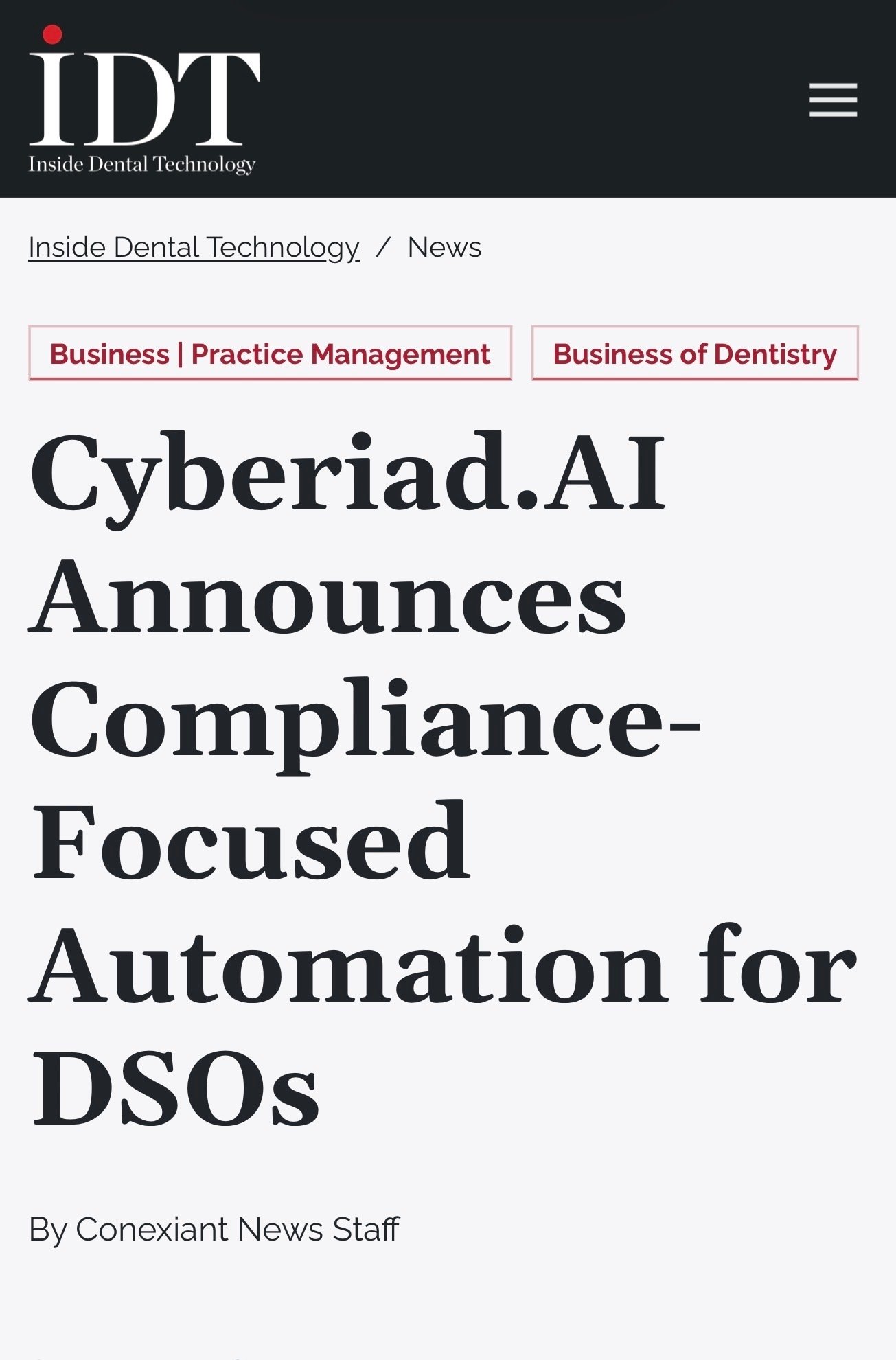 Inside Dental Technology coverage of Cyberiad agentic AI for DSOs