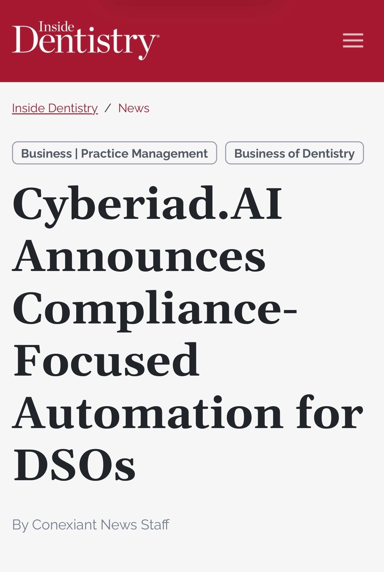 Inside Dentistry article on Cyberiad AI launch for dental service organizations