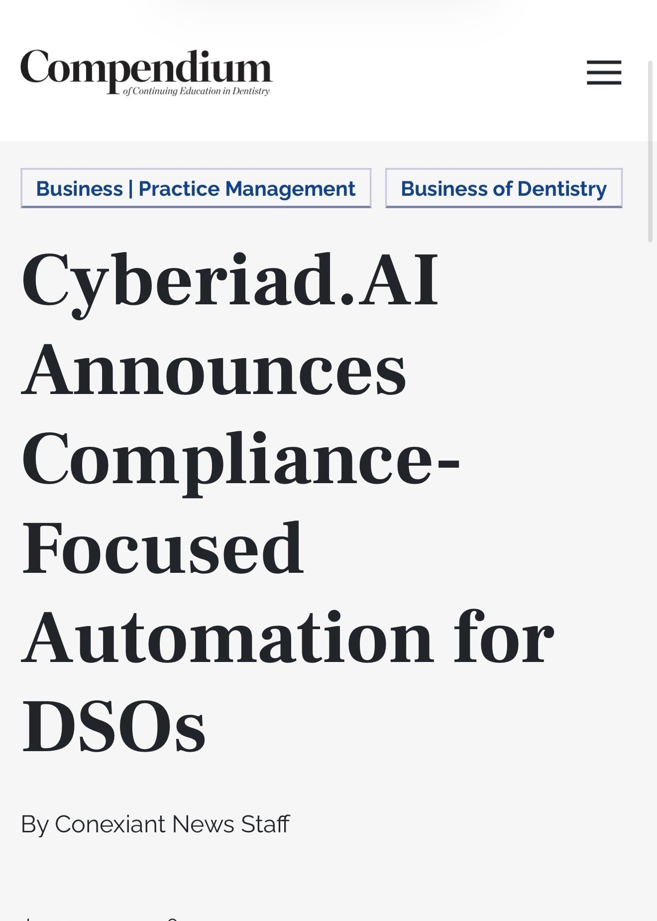 Conexiant Dental Compendium coverage of Cyberiad AI platform launch