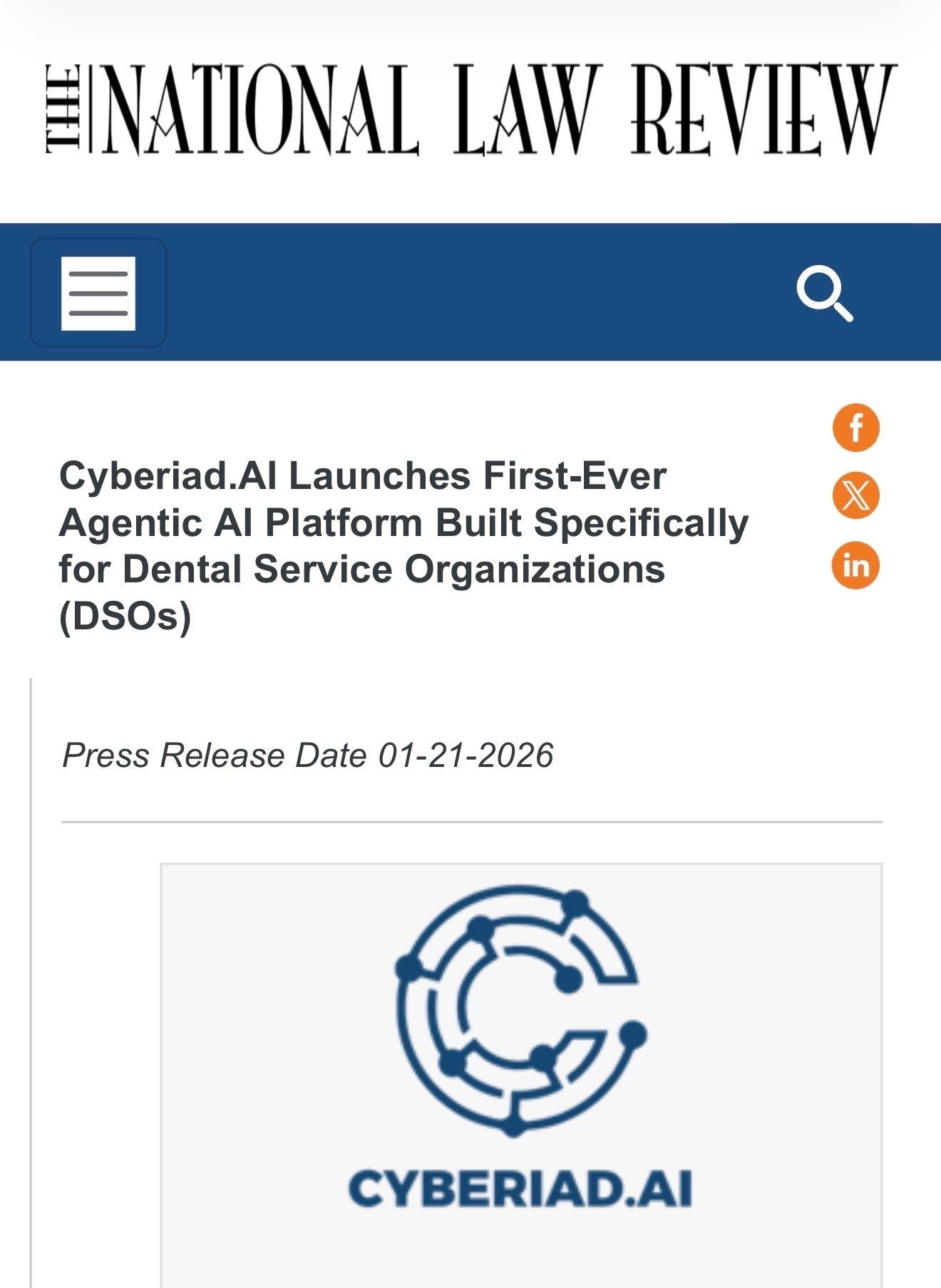 National Law Review article on Cyberiad AI HIPAA-compliant dental platform