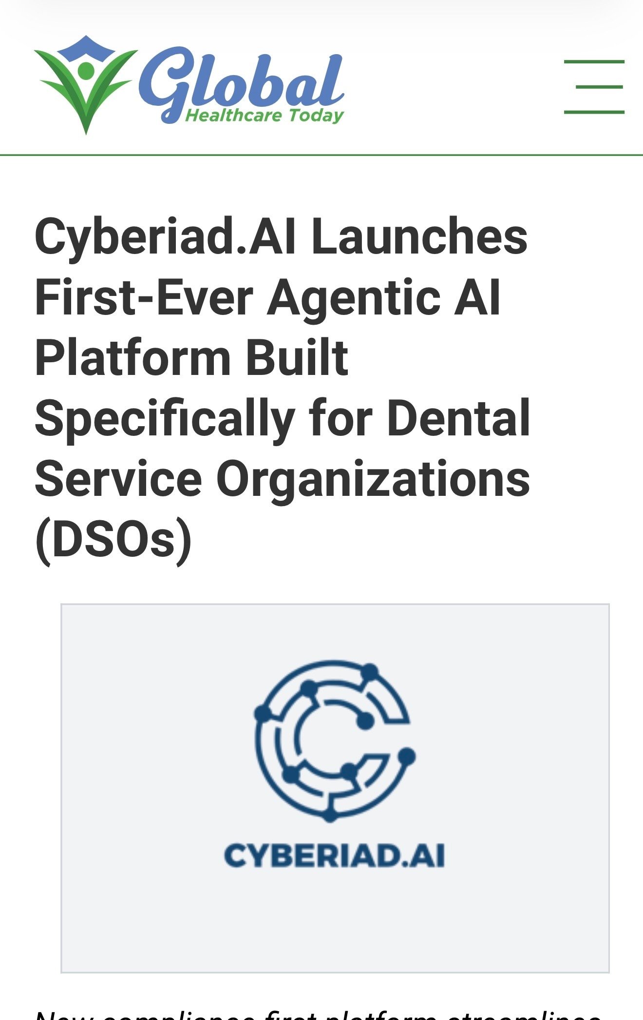 Global Healthcare Today article on Cyberiad AI dental operations platform