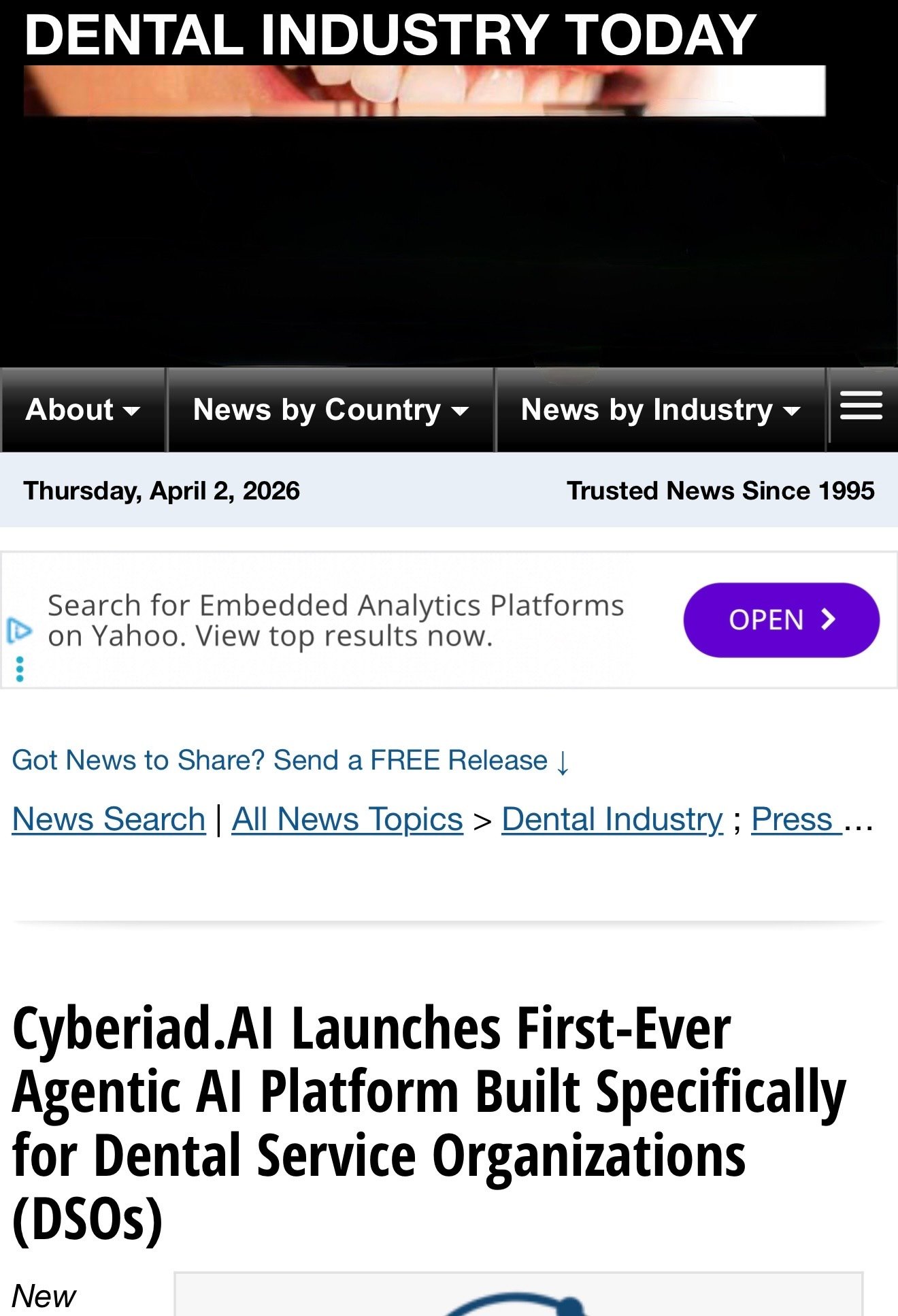 Dental Industry Today coverage of Cyberiad AI for DSOs